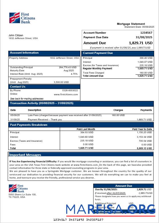 Printable USA Texas First Citizens bank mortgage statement in Word and PDF formats template